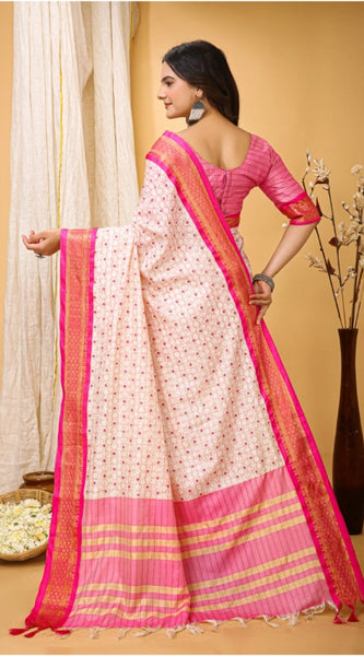 Mayawye Women's Soft Cotton Silk Printed Saree With Unstitched Blouse 5.5Mtr (Pink)