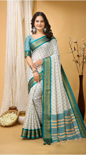 Mayawye Women's Soft Cotton Silk Printed Saree With Unstitched Blouse 5.5Mtr (Rama Green)