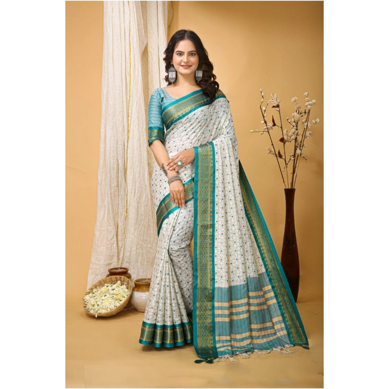 Mayawye Women's Soft Cotton Silk Printed Saree With Unstitched Blouse 5.5Mtr (Rama Green)