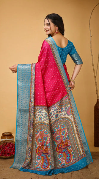 Mayawye Women's Soft Dola Cotton Kalamkari Printed Saree With Unstitched Blouse 5.5Mtr (Pink)