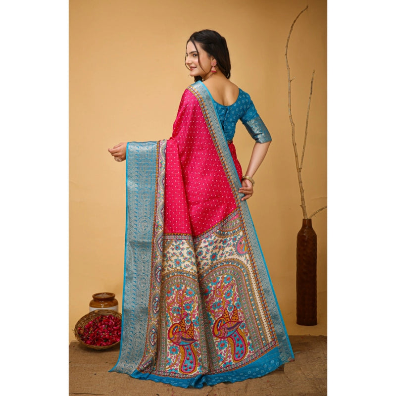 Mayawye Women's Soft Dola Cotton Kalamkari Printed Saree With Unstitched Blouse 5.5Mtr (Pink)