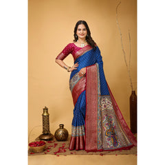 Mayawye Women's Soft Dola Cotton Kalamkari Printed Saree With Unstitched Blouse 5.5Mtr (Blue)