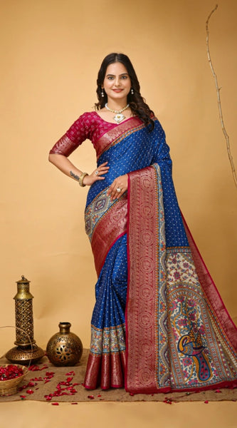 Mayawye Women's Soft Dola Cotton Kalamkari Printed Saree With Unstitched Blouse 5.5Mtr (Blue)