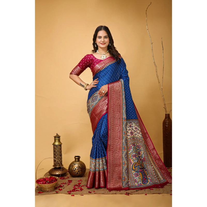 Mayawye Women's Soft Dola Cotton Kalamkari Printed Saree With Unstitched Blouse 5.5Mtr (Blue)