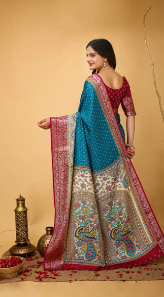 Mayawye Women's Soft Dola Cotton Kalamkari Printed Saree With Unstitched Blouse 5.5Mtr (Sky Blue)