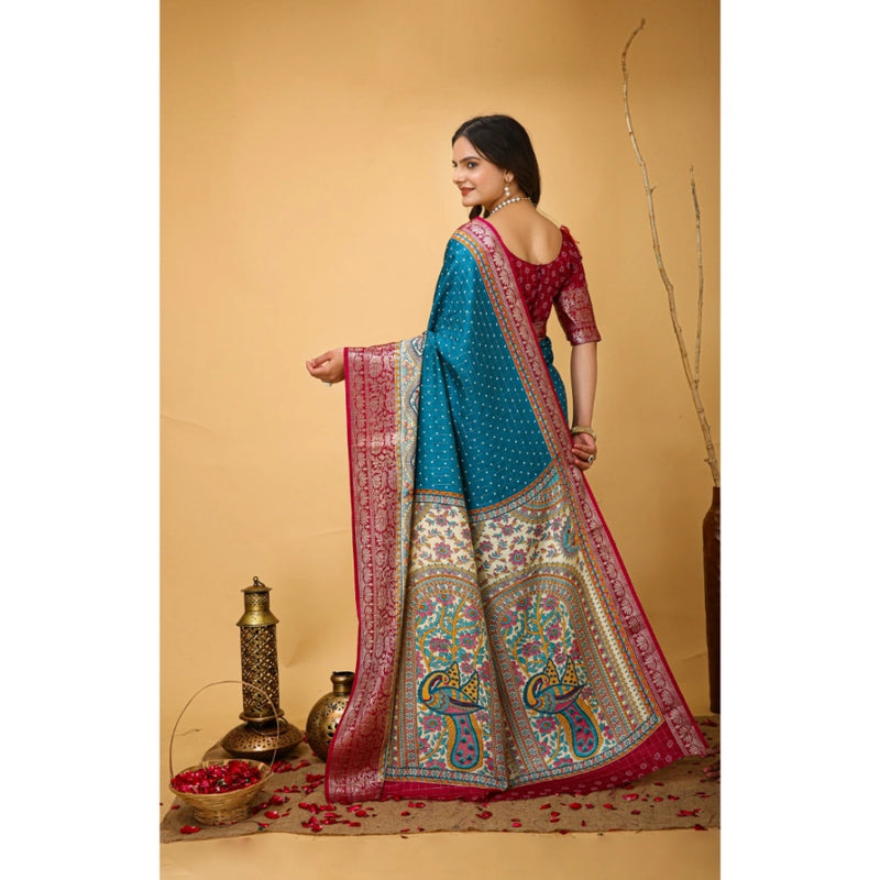 Mayawye Women's Soft Dola Cotton Kalamkari Printed Saree With Unstitched Blouse 5.5Mtr (Sky Blue)