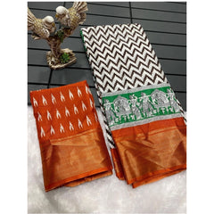 Mayawye Women's Soft Dola Cotton Kalamkari Printed Saree With Unstitched Blouse 5.5Mtr (Orange)