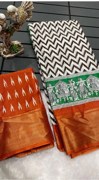 Mayawye Women's Soft Dola Cotton Kalamkari Printed Saree With Unstitched Blouse 5.5Mtr (Orange)
