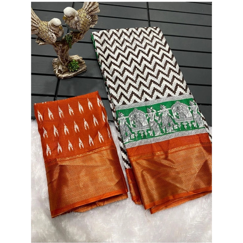 Mayawye Women's Soft Dola Cotton Kalamkari Printed Saree With Unstitched Blouse 5.5Mtr (Orange)