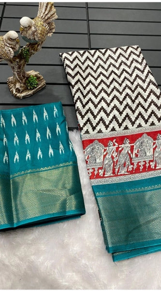 Mayawye Women's Soft Dola Cotton Kalamkari Printed Saree With Unstitched Blouse 5.5Mtr (Turquoise)