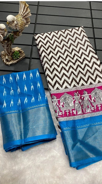 Mayawye Women's Soft Dola Cotton Kalamkari Printed Saree With Unstitched Blouse 5.5Mtr (Sky Blue)
