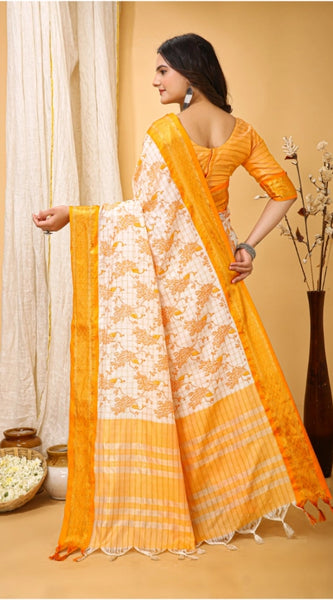 Mayawye Women's Soft Cotton Silk Printed Saree With Unstitched Blouse 5.5Mtr (Yellow)