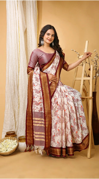 Mayawye Women's Soft Cotton Silk Printed Saree With Unstitched Blouse 5.5Mtr (Maroon)