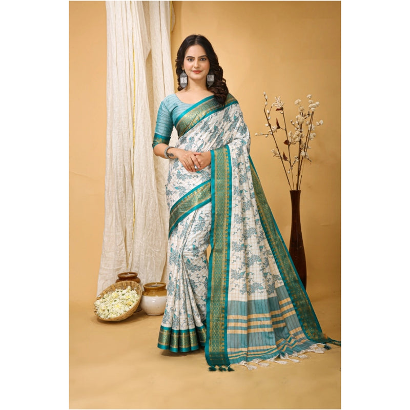Mayawye Women's Soft Cotton Silk Printed Saree With Unstitched Blouse 5.5Mtr (Turquoise)