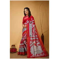 Mayawye Women's Soft Handloom Cotton Kalamkari Printed Saree With Unstitched Blouse 5.5Mtr (Pink)