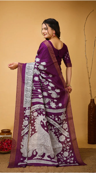 Mayawye Women's Soft Handloom Cotton Kalamkari Printed Saree With Unstitched Blouse 5.5Mtr (Purple)