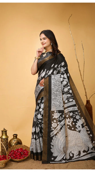 Mayawye Women's Soft Handloom Cotton Kalamkari Printed Saree With Unstitched Blouse 5.5Mtr (Black)
