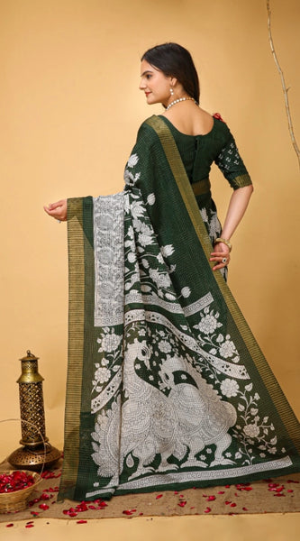 Mayawye Women's Soft Handloom Cotton Kalamkari Printed Saree With Unstitched Blouse 5.5Mtr (Green)
