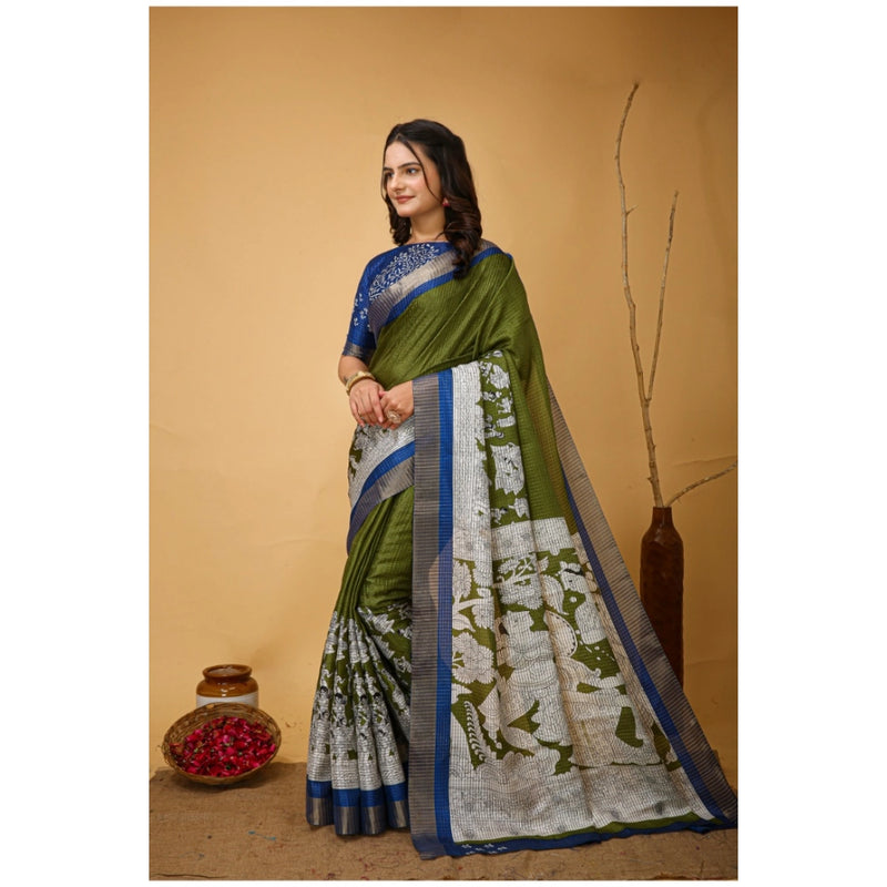 Mayawye Women's Soft Handloom Cotton Kalamkari Printed Saree With Unstitched Blouse 5.5Mtr (Mehendi)