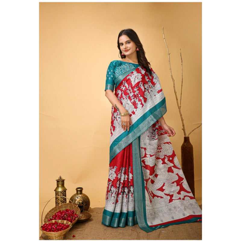 Mayawye Women's Soft Handloom Cotton Kalamkari Printed Saree With Unstitched Blouse 5.5Mtr (Red)