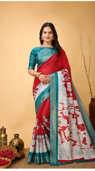 Mayawye Women's Soft Handloom Cotton Kalamkari Printed Saree With Unstitched Blouse 5.5Mtr (Red)
