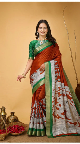 Mayawye Women's Soft Handloom Cotton Kalamkari Printed Saree With Unstitched Blouse 5.5Mtr (Orange)