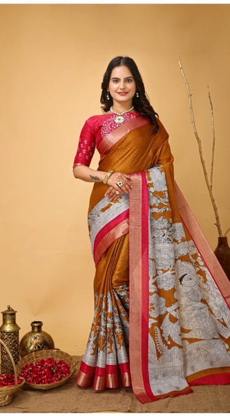 Mayawye Women's Soft Handloom Cotton Kalamkari Printed Saree With Unstitched Blouse 5.5Mtr (Mustard)