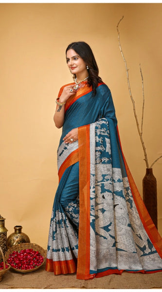 Mayawye Women's Soft Handloom Cotton Kalamkari Printed Saree With Unstitched Blouse 5.5Mtr (Teal Blue)