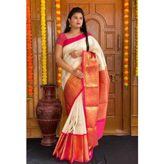Mayawye Women's Soft Lichi Silk Printed Saree With Unstitched Blouse 5.5Mtr (Cream)