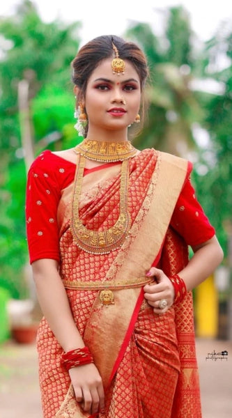 Mayawye Women's Soft Lichi Silk Printed Saree With Unstitched Blouse 5.5Mtr (Red)