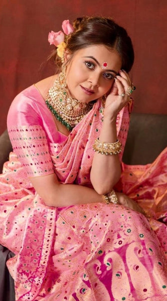 Mayawye Women's Soft Lichi Silk Printed Saree With Unstitched Blouse 5.5Mtr (Pink)