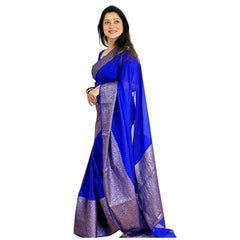 Mayawye Women's Soft Lichi Silk Solid Saree With Unstitched Blouse 5.5Mtr (Blue)