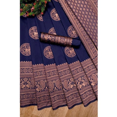 Mayawye Women's Soft Lichi Silk Printed Saree With Unstitched Blouse 5.5Mtr (Navy Blue)