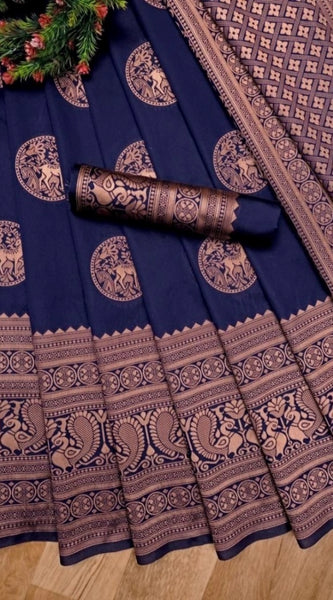 Mayawye Women's Soft Lichi Silk Printed Saree With Unstitched Blouse 5.5Mtr (Navy Blue)