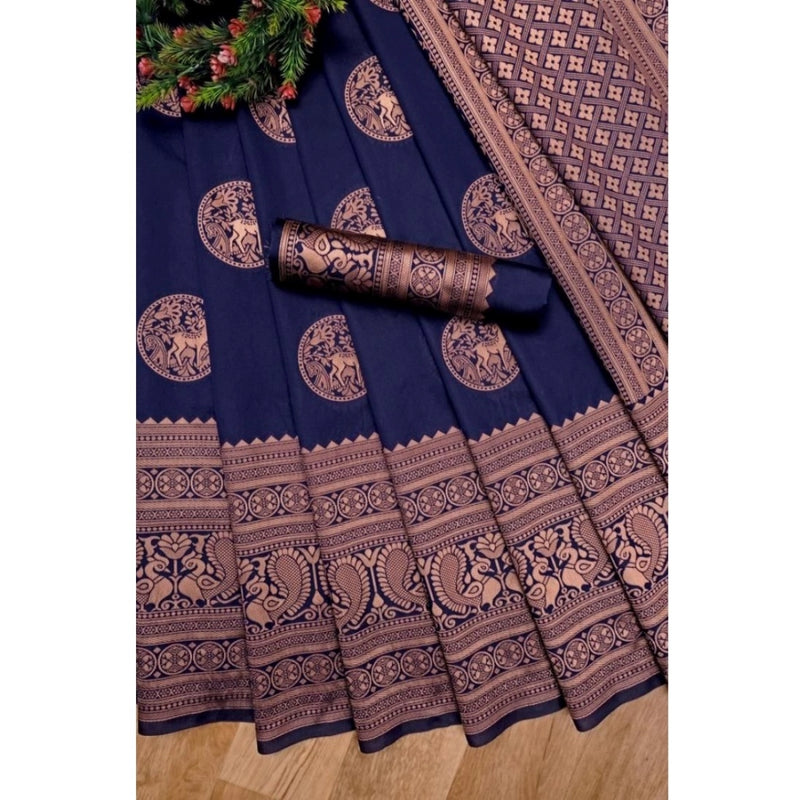 Mayawye Women's Soft Lichi Silk Printed Saree With Unstitched Blouse 5.5Mtr (Navy Blue)