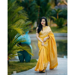 Mayawye Women's Soft Lichi Silk Printed Saree With Unstitched Blouse 5.5Mtr (Yellow)