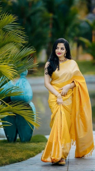 Mayawye Women's Soft Lichi Silk Printed Saree With Unstitched Blouse 5.5Mtr (Yellow)