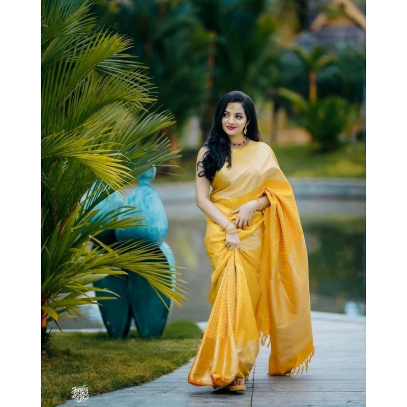 Mayawye Women's Soft Lichi Silk Printed Saree With Unstitched Blouse 5.5Mtr (Yellow)