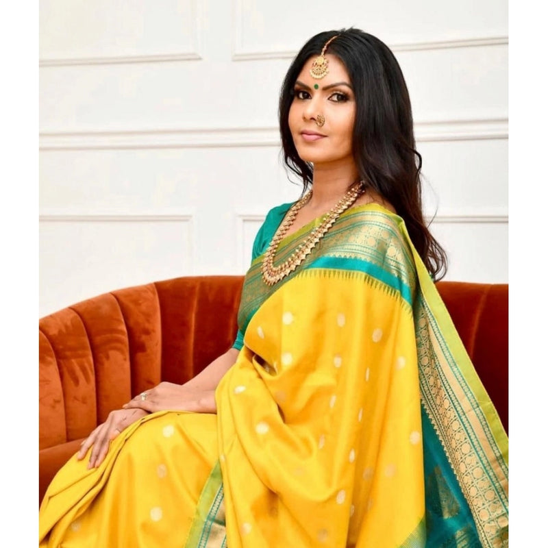 Mayawye Women's Soft Lichi Silk Printed Saree With Unstitched Blouse 5.5Mtr (Yellow)