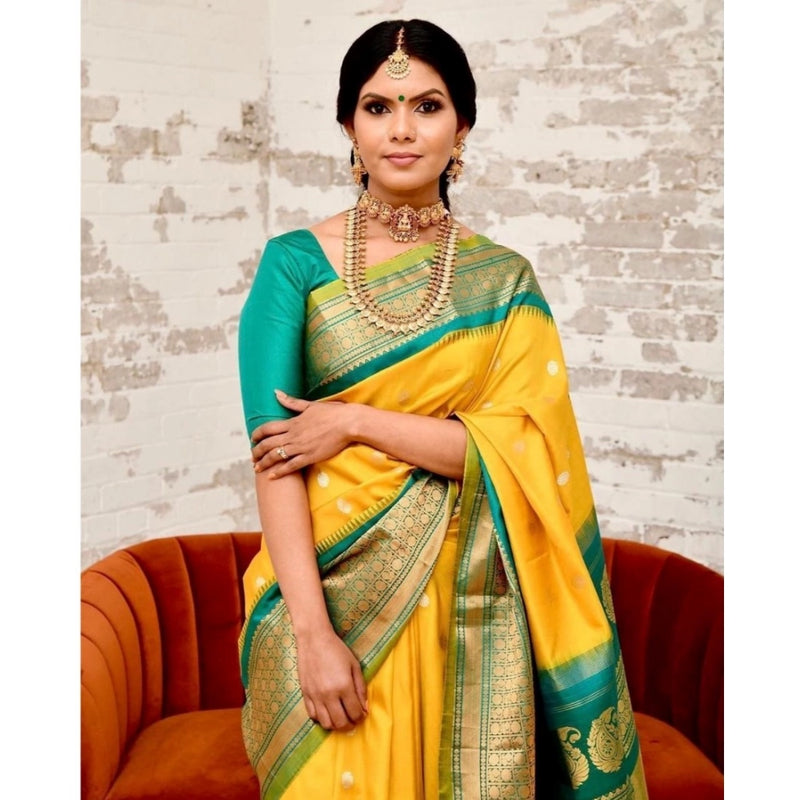 Mayawye Women's Soft Lichi Silk Printed Saree With Unstitched Blouse 5.5Mtr (Yellow)