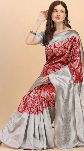 Mayawye Women's Soft Lichi Silk Printed Saree With Unstitched Blouse 5.5Mtr (Red)