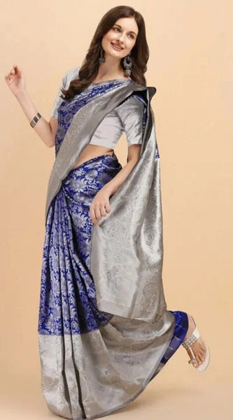 Mayawye Women's Soft Lichi Silk Printed Saree With Unstitched Blouse 5.5Mtr (Blue)