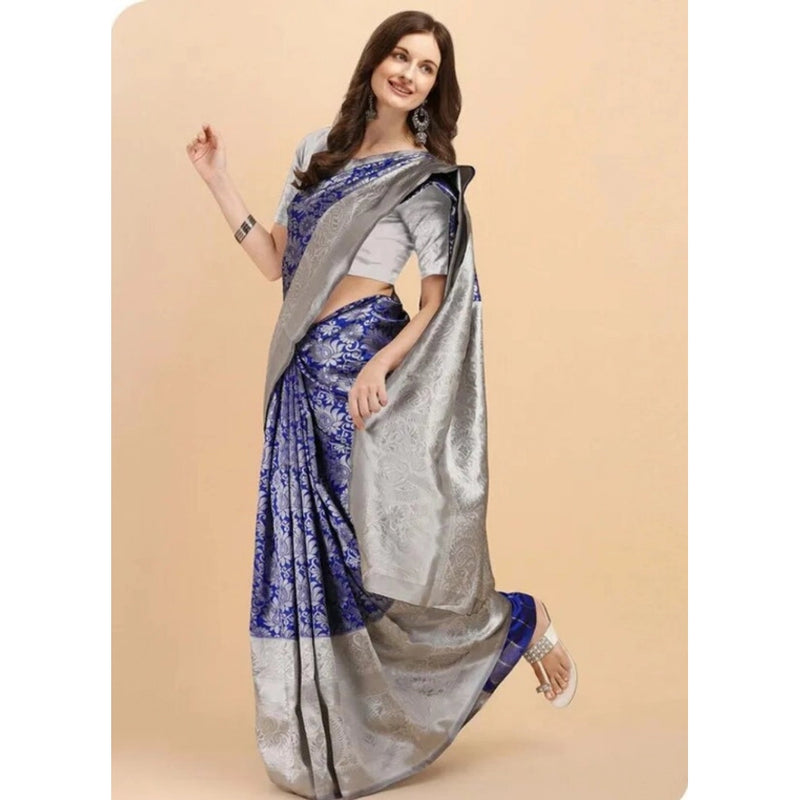 Mayawye Women's Soft Lichi Silk Printed Saree With Unstitched Blouse 5.5Mtr (Blue)