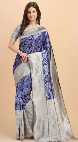 Mayawye Women's Soft Lichi Silk Printed Saree With Unstitched Blouse 5.5Mtr (Blue)