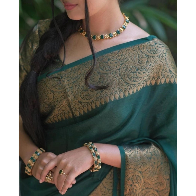 Mayawye Women's Soft Lichi Silk Solid Saree With Unstitched Blouse 5.5Mtr (Green)