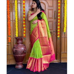 Mayawye Women's Soft Lichi Silk Printed Saree With Unstitched Blouse 5.5Mtr (Green)