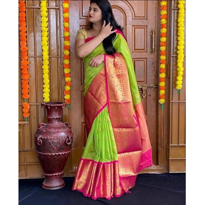 Mayawye Women's Soft Lichi Silk Printed Saree With Unstitched Blouse 5.5Mtr (Green)