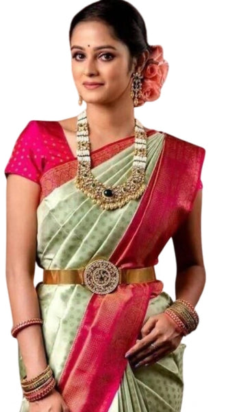 Mayawye Women's Soft Lichi Silk Printed Saree With Unstitched Blouse 5.5Mtr (Light Green)