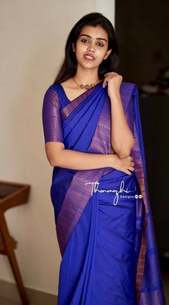 Mayawye Women's Soft Lichi Silk Solid Saree With Unstitched Blouse 5.5Mtr (Blue)