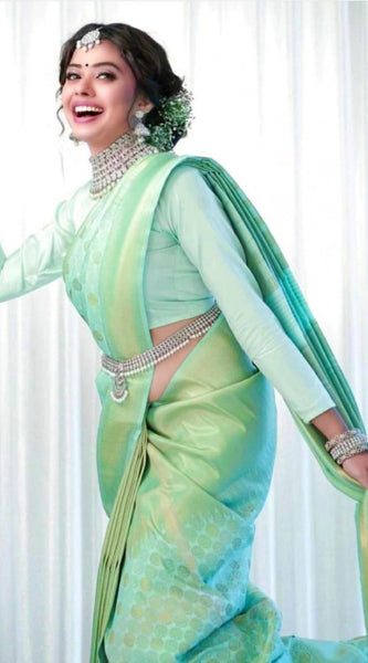 Mayawye Women's Soft Lichi Silk Printed Saree With Unstitched Blouse 5.5Mtr (Light Green)